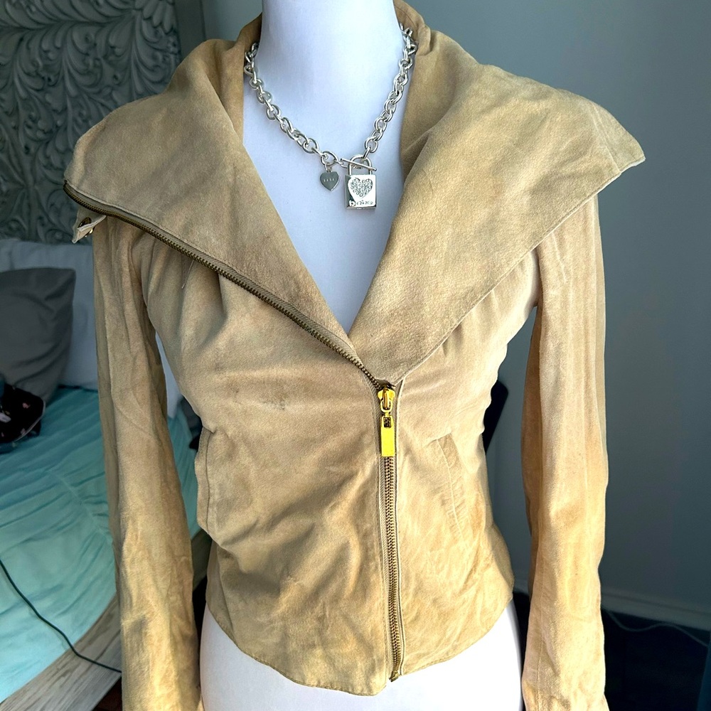 Bebe Y2K RARE Design Lab Tan Camel Suede Leather Jacket Coat XS